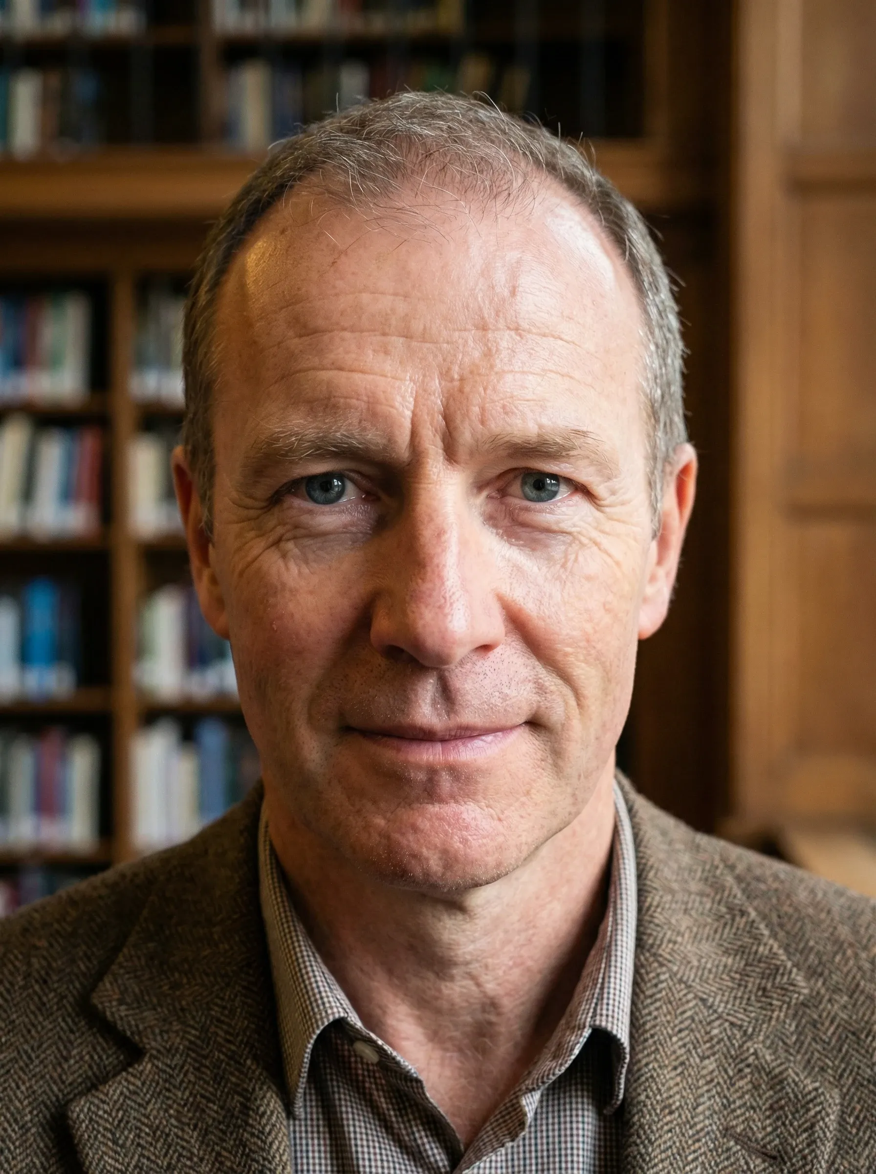 AI academic headshot — man in a brown tweed blazer and checked shirt in a warm library